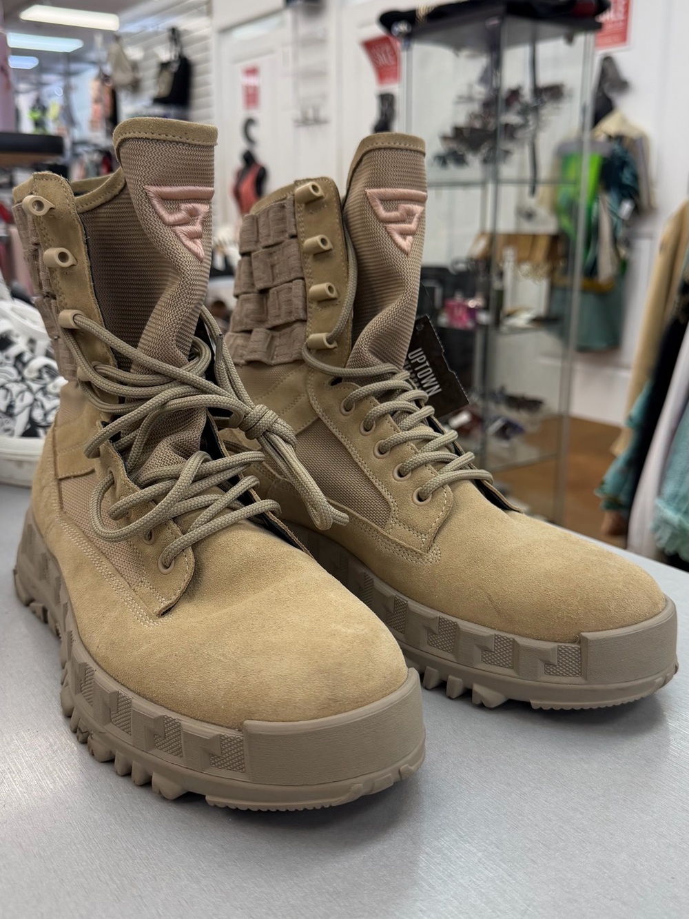 Versace Tan Suede Tactical-Style Boots with Pink Logo